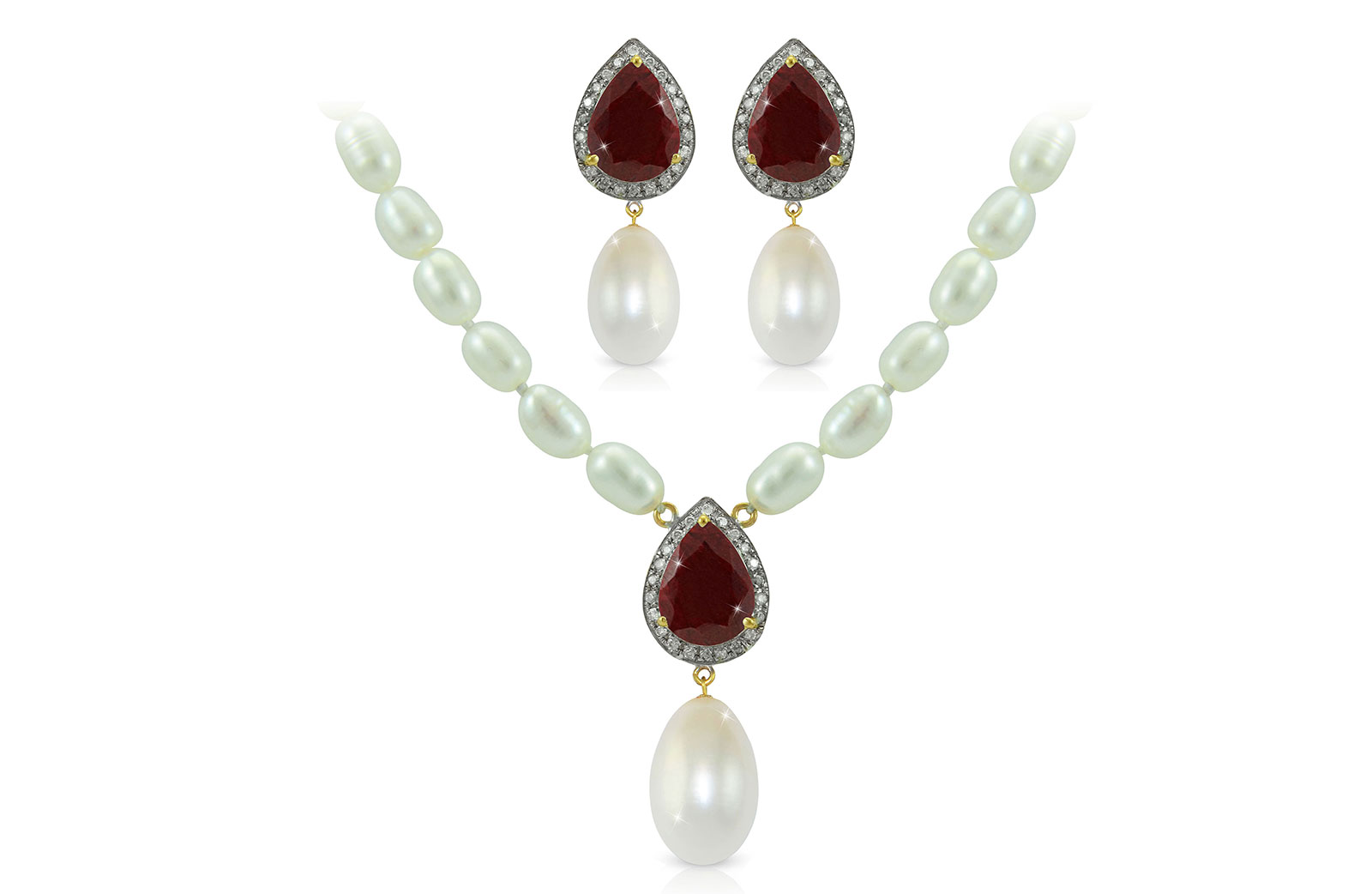 Vera Perla 18K Gold 0.36ct Diamonds, Royal Indian Ruby and 13mm Pearl 2 pcs set